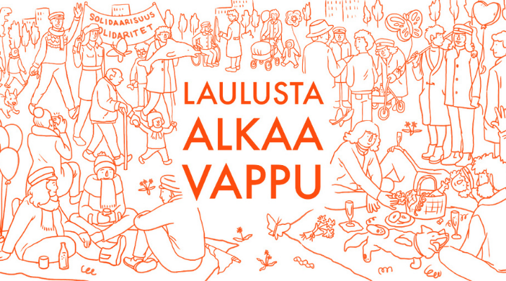 Kuvaan on piirretty vapun juhlijoita. Ihmisiä ja koira piknikillä, vappumarssilla ja kohtaamassa toisiaan. Kulkueessa on banderolli, jossa lukee solidaarisuus.