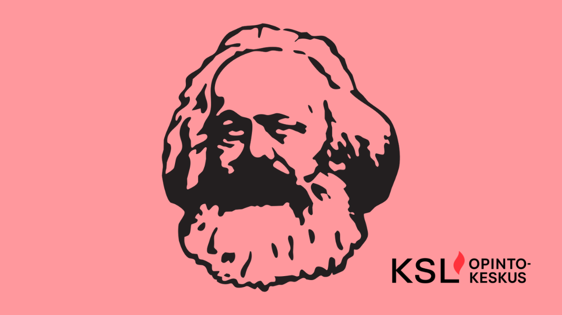 Piirretty Karl Marxin kasvokuva pinkillä taustalla. KSL-opintokeskuksen logo.