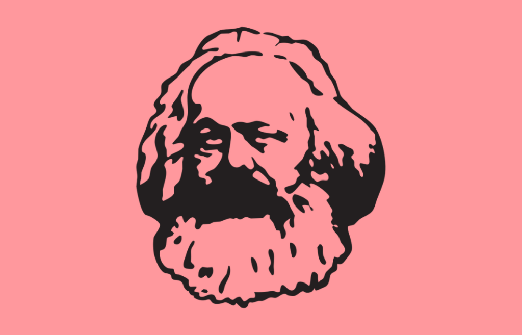 Piirretty Karl Marxin kasvokuva pinkillä taustalla.