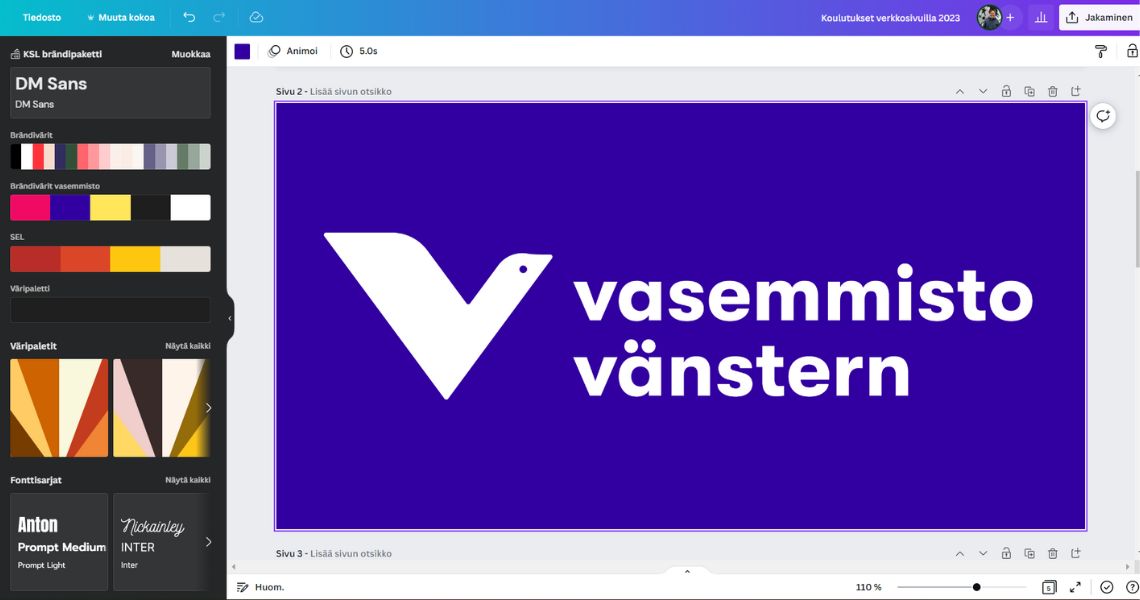 Kuvakaappaus Canva-työkalusta, jossa on työn alla kuva, jossa on sinisellä pohjalla valkoinen logo, jossa lukee vasemmisto, vänster.