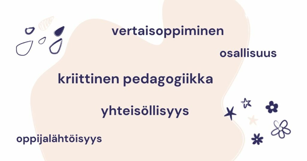 Tekstit, joissa lukee vertaisoppiminen, osallisuus, kriittinen pedagogiikka, yhteisöllisyys ja oppijalähtöisyys.