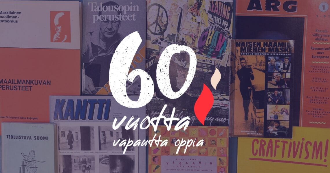 Erilaisia julkaisuja, joiden päällä on teksti 60 vuotta vapautta oppia.