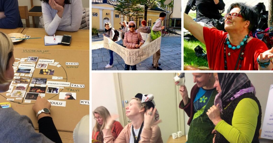 Kollaasi neljästä kuvasta. Raija Alalipasti venyttelee nurmikolla. Vuodenaikoja ja juhlapyhiä kuvaavia tekstejä ja kuvia pöydällä. Ryhmä seisoo ulkona ja on kietoutunut pitkään paperiliuskaan, johon on kirjoitettu tekstiä. kolme henkilöä pukeutuneena rooliasuihin ja eläytyneenä tilanteeseen.