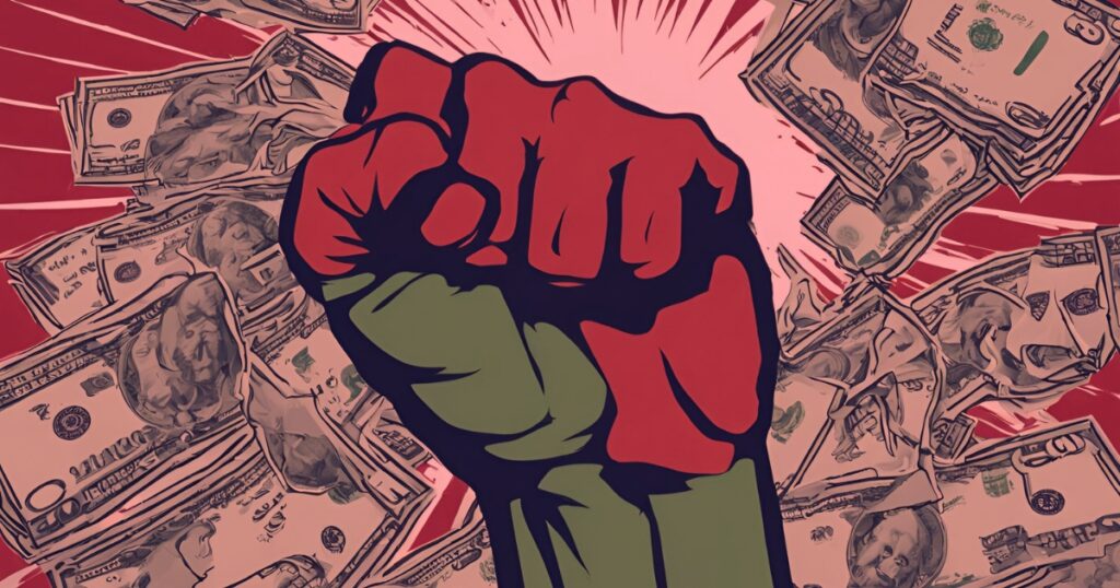 Sarjakuvamainen piirroskuva, jossa punavihreä nyrkki on nostettu ilmaan. Taustalla on seteleitä.