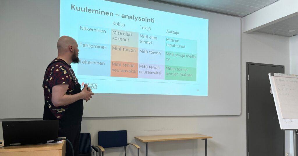 Kouluttaja katsoo seinälle heijastettua kuvaa, jossa on kaavio siitä, kuinka häirintätilanteessa tekijä, kokija ja auttaja toimivat. 
