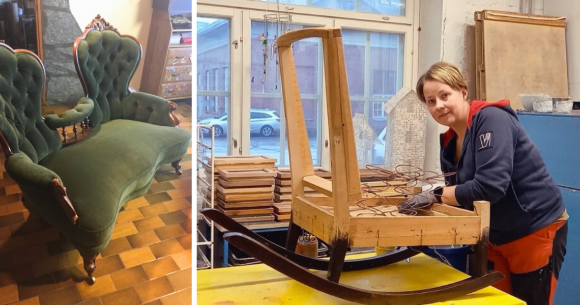 Kaksi kuvaa. Ensimmäisessä on verhoiltu vanhanajan sohva. Toisessa Hanna Närhi-Hiltunen työstää pöydälle nostettua keinutuolin rankaa.