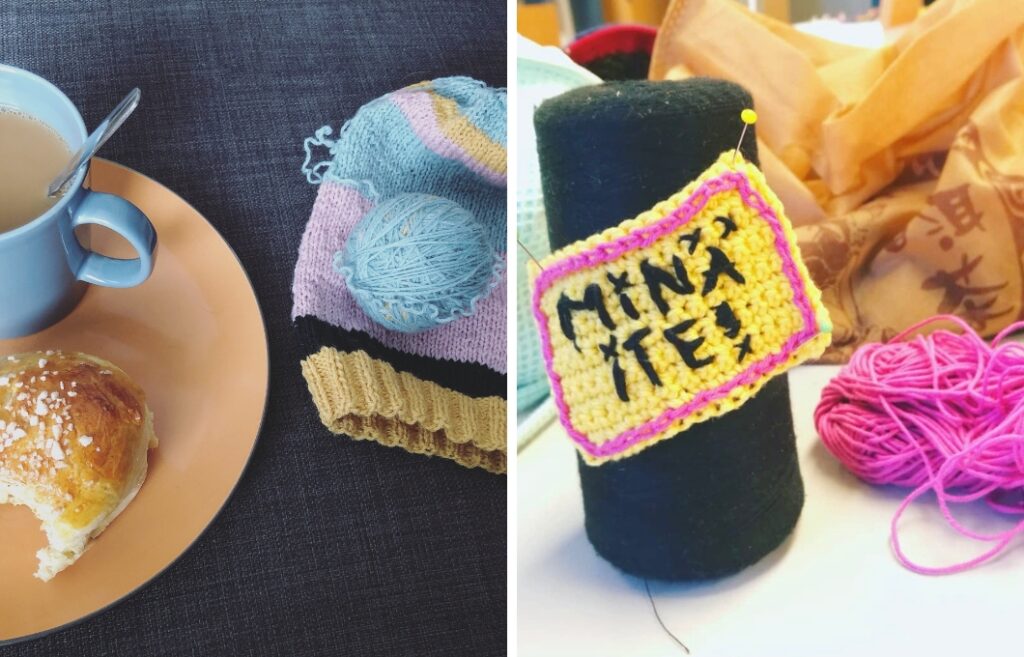 Kaksi kuvaa. Ensimmäisessä on kahvikuppi, pulla ja neulottu pipo. Toisessa on virkattu lappi, jossa lukee: Minä ite!