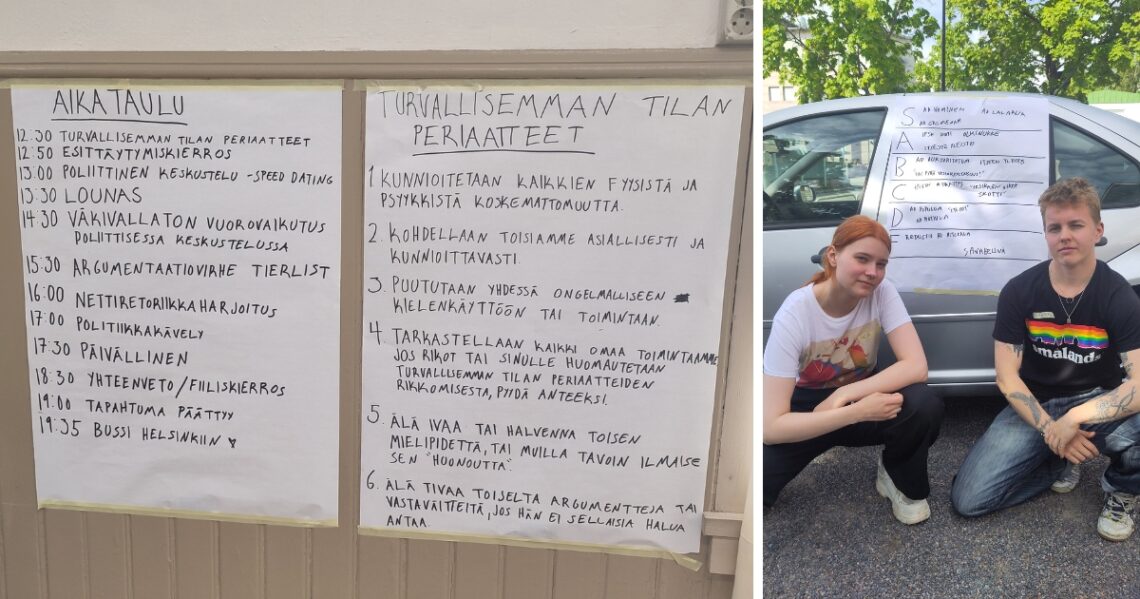 Kaksi kuvaa. Ensimmäisessä on seinälle ripustettu paperille koulutuksen aikataulu ja toiselle turvallisemman tilan periaatteet. Toisessa kaksi ihmistä istuu kyykyssä auton vieressä. Auton ikkunaan on kiinnitetty fläppipaperi, jossa on listattu argumentaatiovirheitä.
