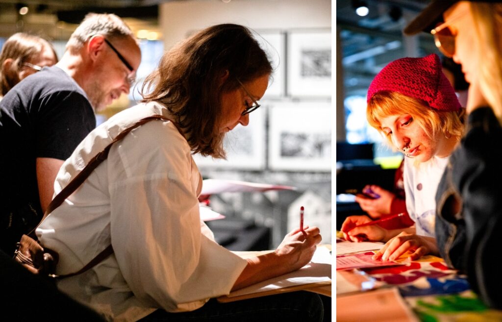 Kaksi kuvaa, joissa molemmissa ihmiset kirjoittavat kynällä paperille runoja.