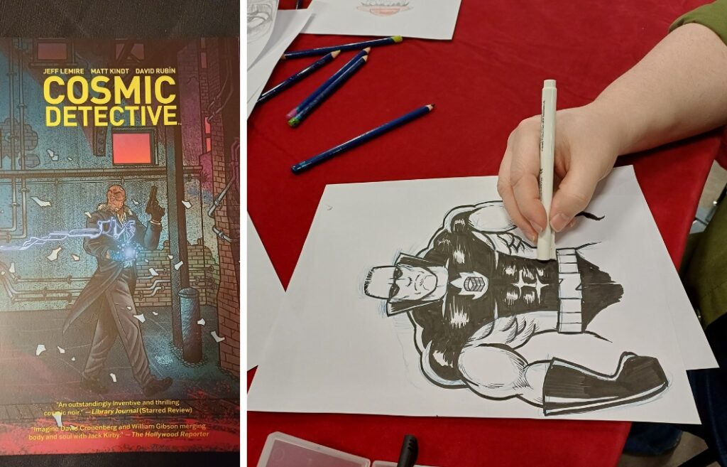 Kaksi kuvaa. Ensimmäisessä on sarjakuvakirjan kansi, jossa lukee Cosmic Detective ja siihen on piirretty karski hahmo aseen kanssa. Toisessa kuvassa käsi piirtää karskia supersankaria.
