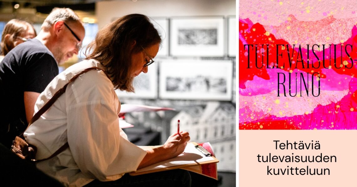 Kolme henkilöä istuu hieman hämärässä tilassa ja kirjoittaa sylissään olevalle paperille. Teksti Tulevaisuusruno, tehtäviä tulevaisuuksien kuvitteluun.