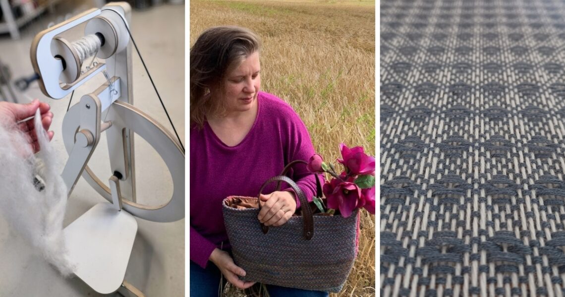 Kolme kuvaa, joissa on villan kehräystä, Laura Korhonen pellolla kassin kanssa ja villashaalikangasta.