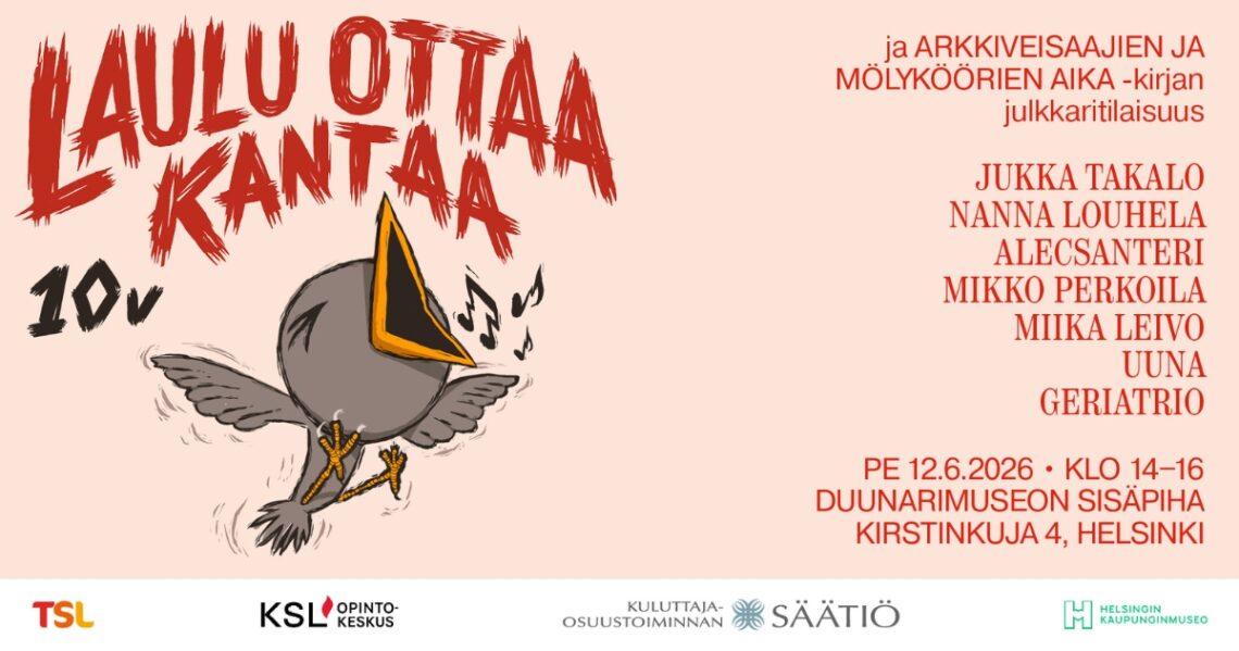 Piirretty lintu, joka laulaa antaumuksella. Teksti Laulu ottaa kantaa 10-v.