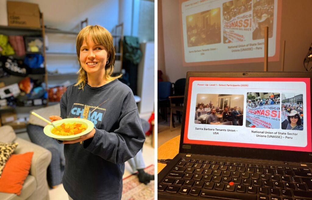 Kaksi kuvaa. Ensimmäisessä henkilö pitelee kädessään keittolautasta. Toisessa on kannettava tietokone. Koneen ruudulla ja sen takana olevalla valkokankaalla näkyy kuva verkkokurssille osallistuvista ammattiyhdistysryhmistä.