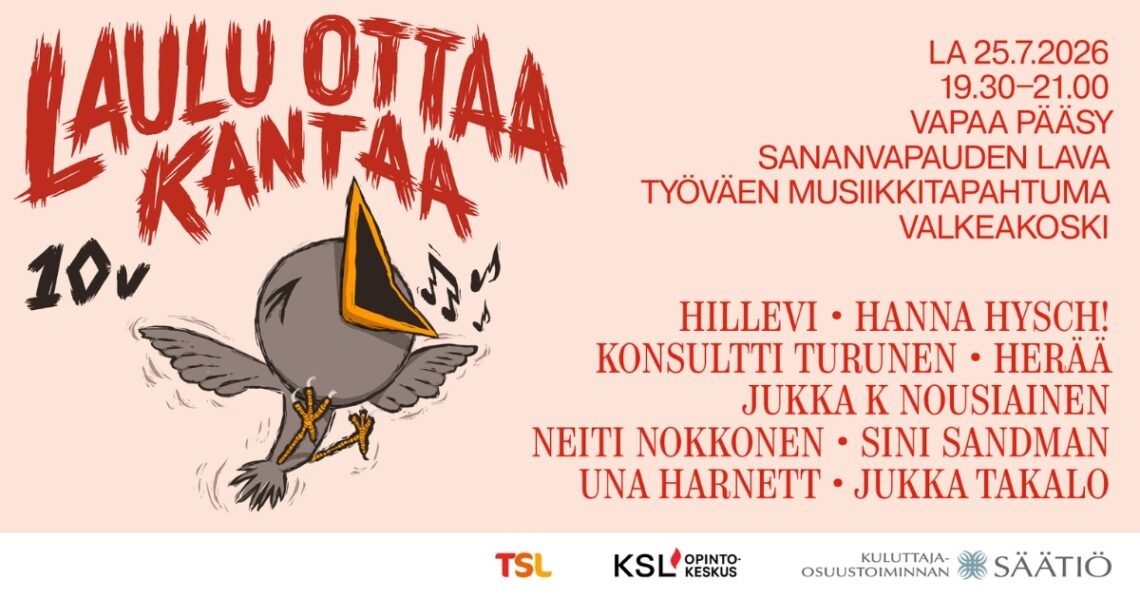 Piirretty pikkulintu, joka laulaa täysin palkein. Teksti Laulu ottaa kantaa 10 v. Konsertin tiedot, jotka löytyvät artikkelista.