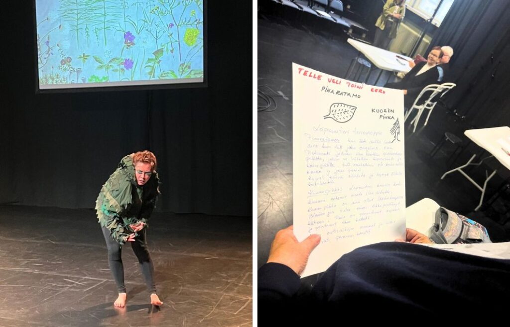 Kaksi valokuvaa. Ensimmäisessä ihminen tanssii lavalla. Taustalle on heijastettu vesivärein maalattuja kasveja. Toisessa kuvassa on lähikuva paperista, jota henkilö pitelee kädessään. Paperiin on piirretty piharatamon lehti ja kuusi. Paperiin on kirjoitettu tekstiä. Kuvan taustalla näkyy pari katselevaa hahmoa.